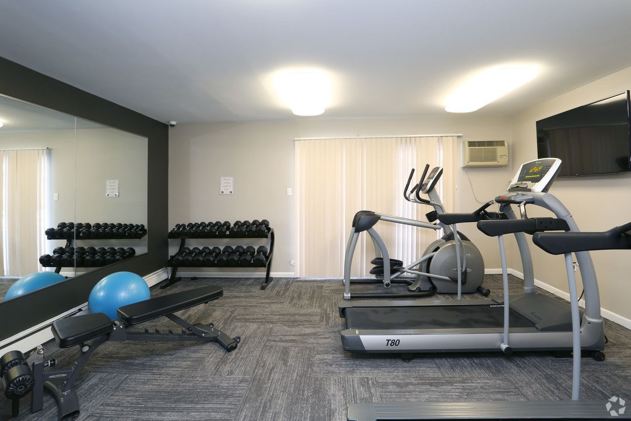 Home gym with treadmill, elliptical, dumbbells, and exercise bench on carpeted floor