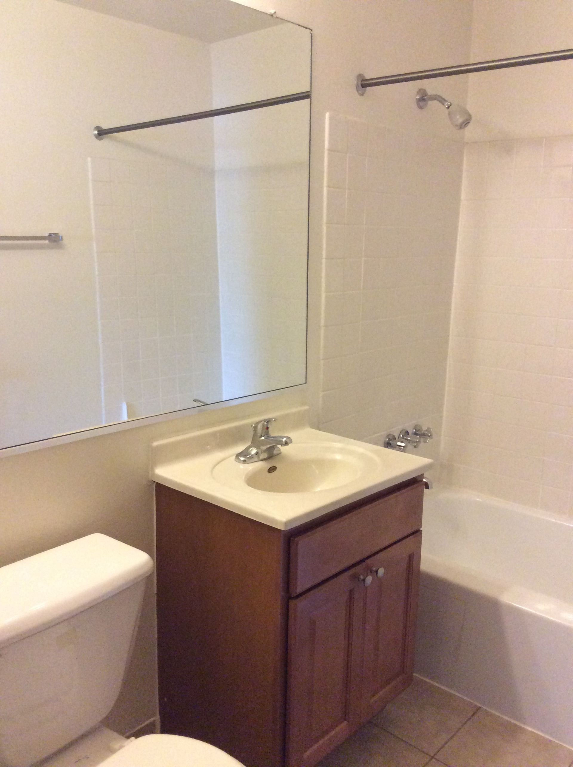 Bathroom with vanity sink, mirror, toilet, and bathtub/shower with curtain rod