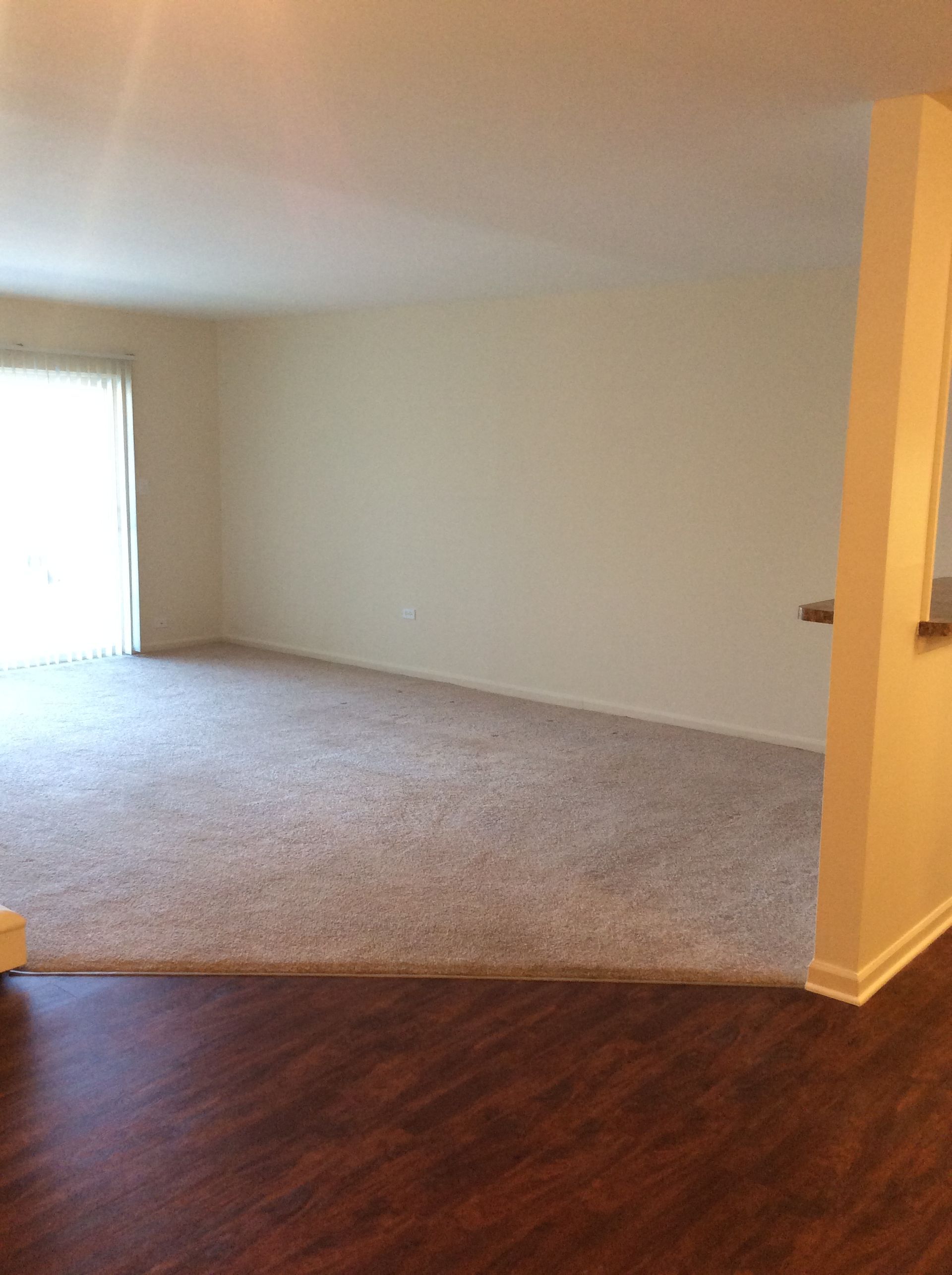 Empty living room with beige carpet, white walls, and dark wood flooring near a doorway