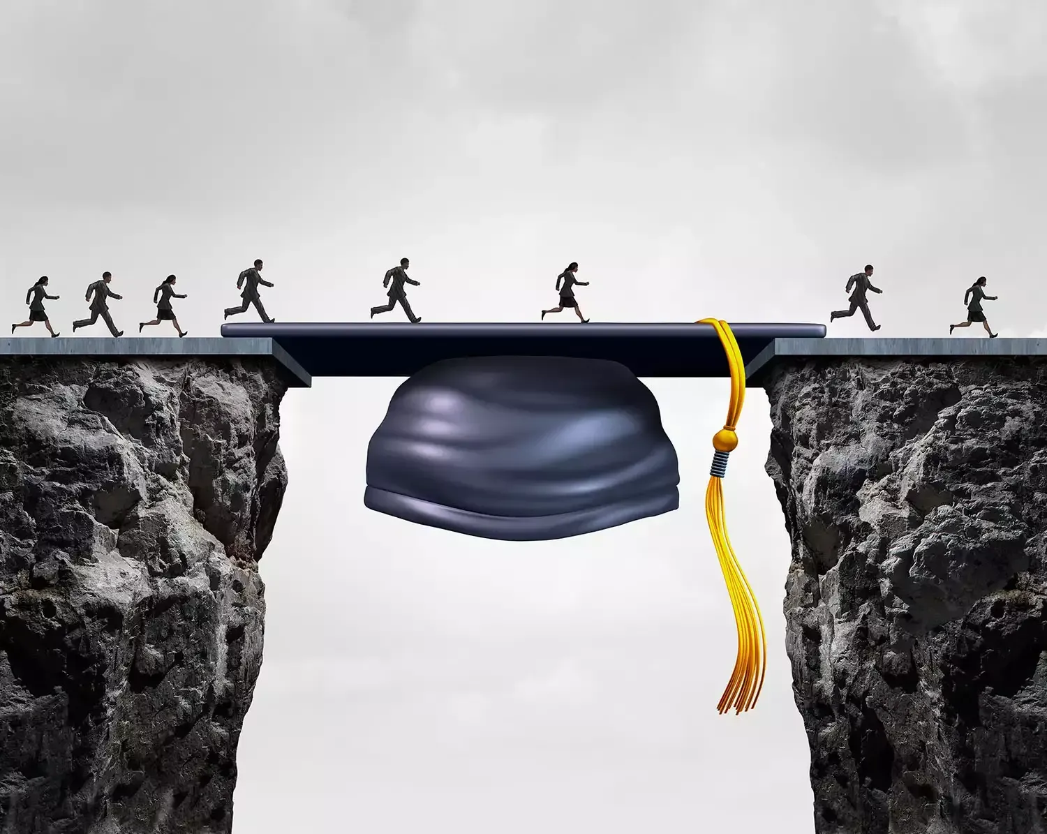 A group of people are running over a bridge with a graduation cap on it