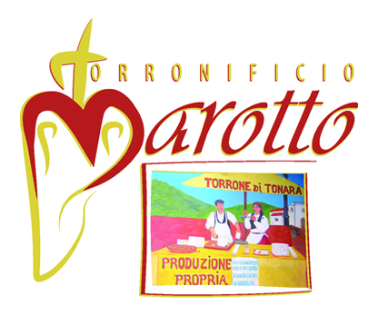 TORRONIFICIO MAROTTO - LOGO Logo del Torronificio Barotto. Un cuore rosso con una croce dorata sopra un dipinto raffigurante persone che producono il Torrone di Tonara.