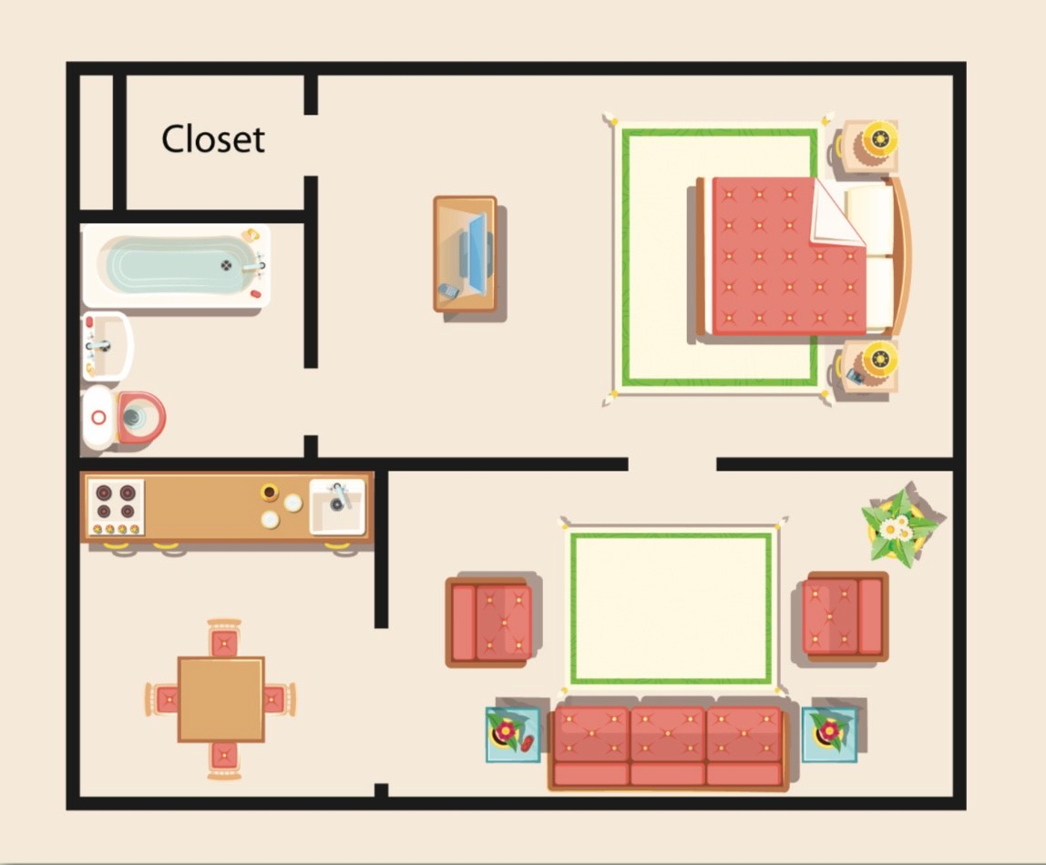 A floor plan of a house with a bedroom , living room , dining room , and closet.
