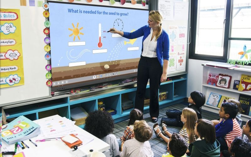 Teacher pointing at interactive whiteboard teaching students about seed germination in a classroom.