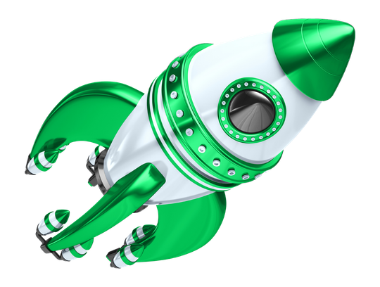 A green and white rocket is flying through the air.