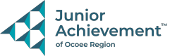 The junior achievement of ocoee region logo is blue and white.