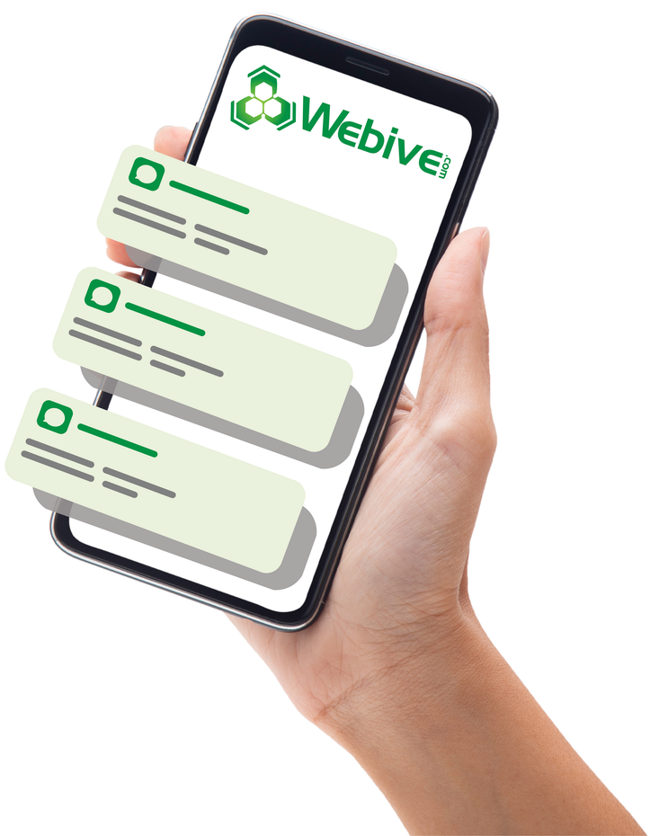 A hand is holding a cell phone with webive on the screen.