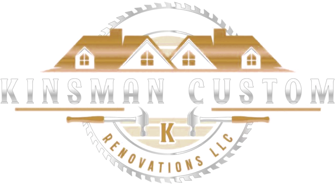 Logo for Kinsman Custom Renovations, with a house silhouette above the text, framing a circular saw blade and crossed hammers.