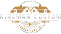 Logo for Kinsman Custom Renovations, with a house silhouette above the text, framing a circular saw blade and crossed hammers.