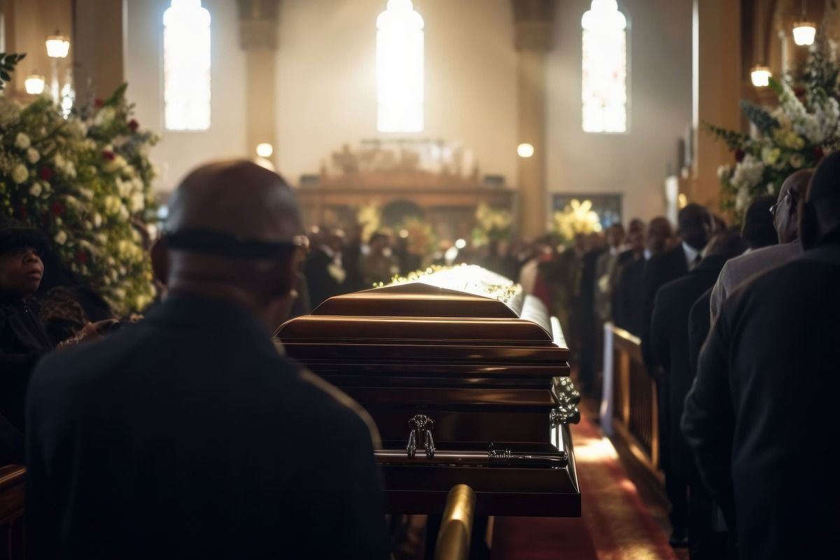 Casket in a church aisle during a funeral service, with mourners standing on both sides.