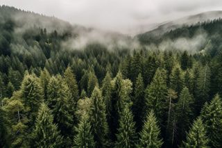 Misty evergreen forest with dense pine trees and low clouds over the hills