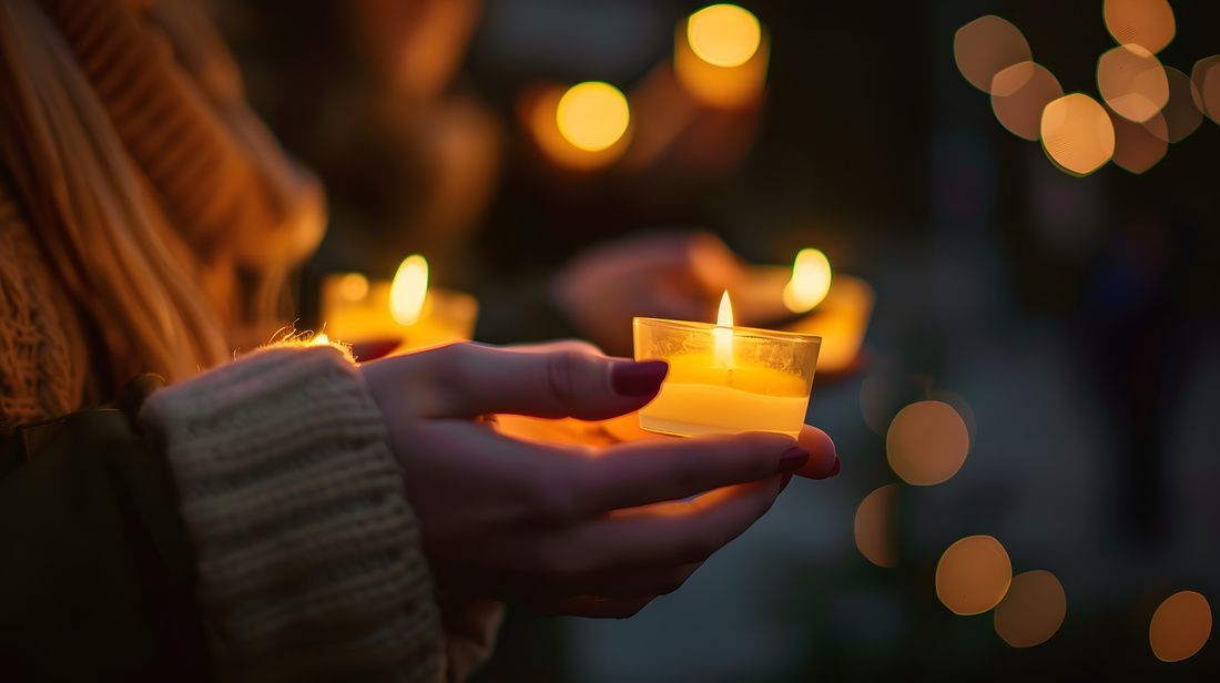 Hands holding a glowing candle in a dark, festive setting with blurred warm lights in the background