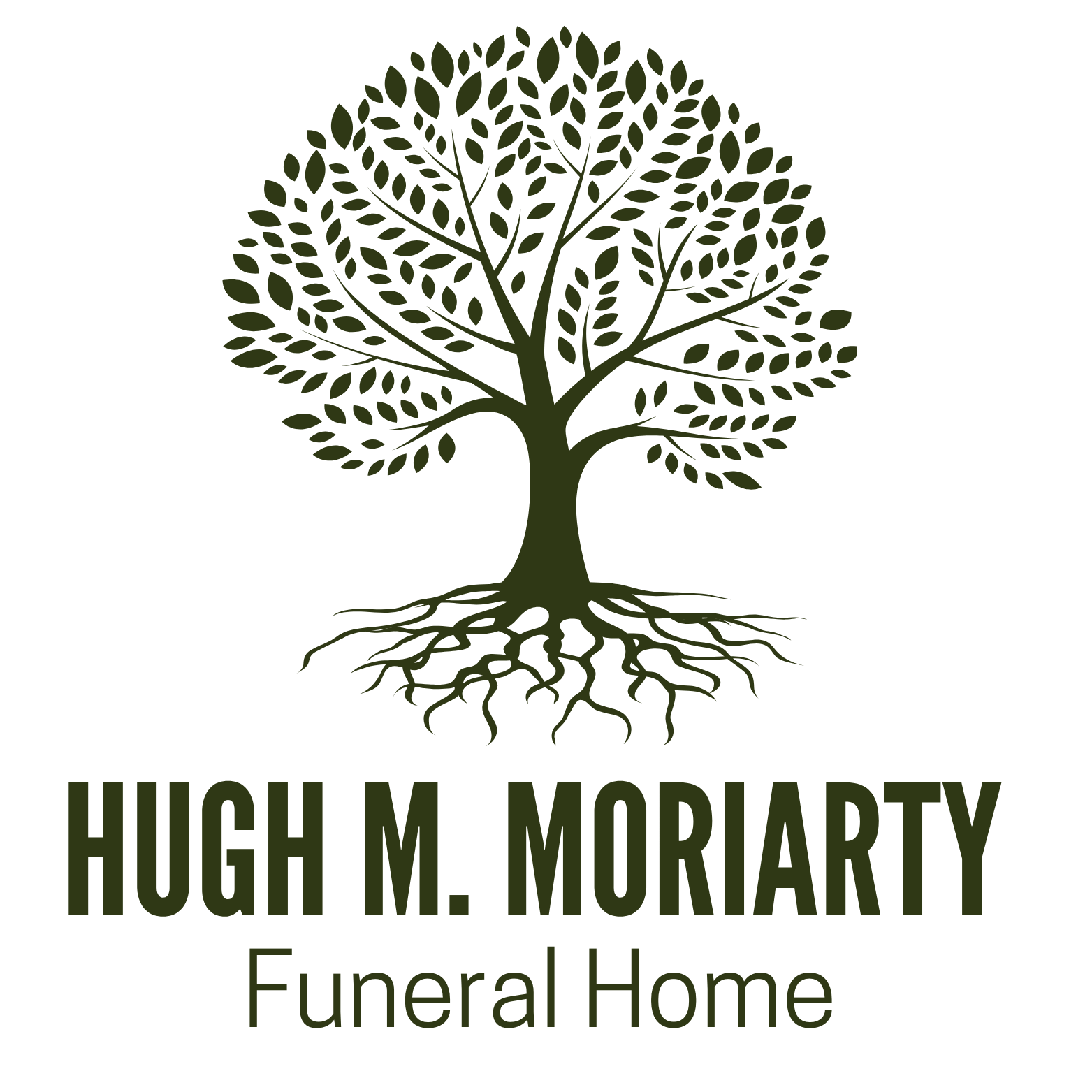 Hugh M. Moriarty Funeral Home logo with green tree and roots