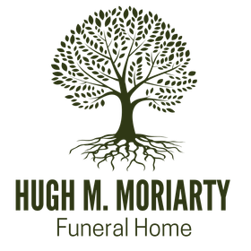 Hugh M. Moriarty Funeral Home logo with green tree and roots