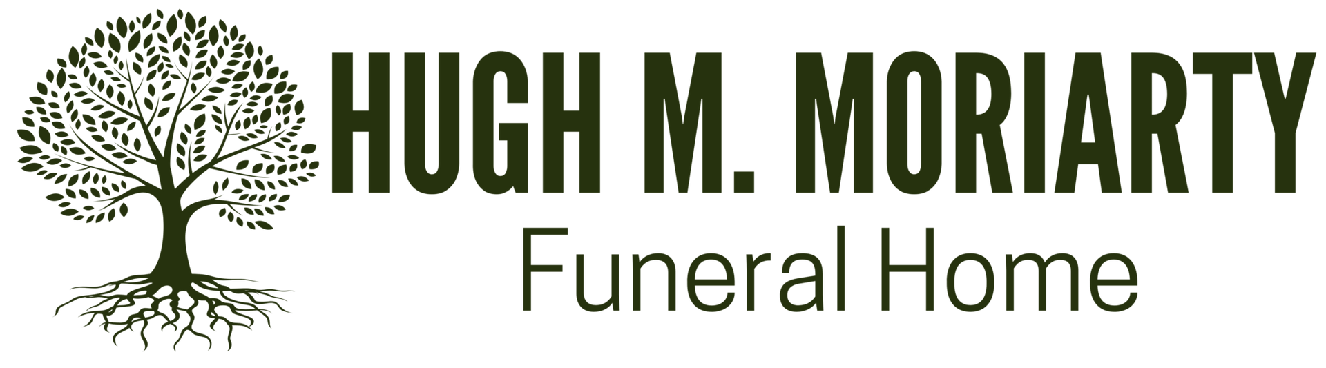 High M. Moriarty Funeral Home logo with tree icon in black and green text
