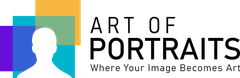Art of Portraits Logo in purple, blue, and yellow frame
