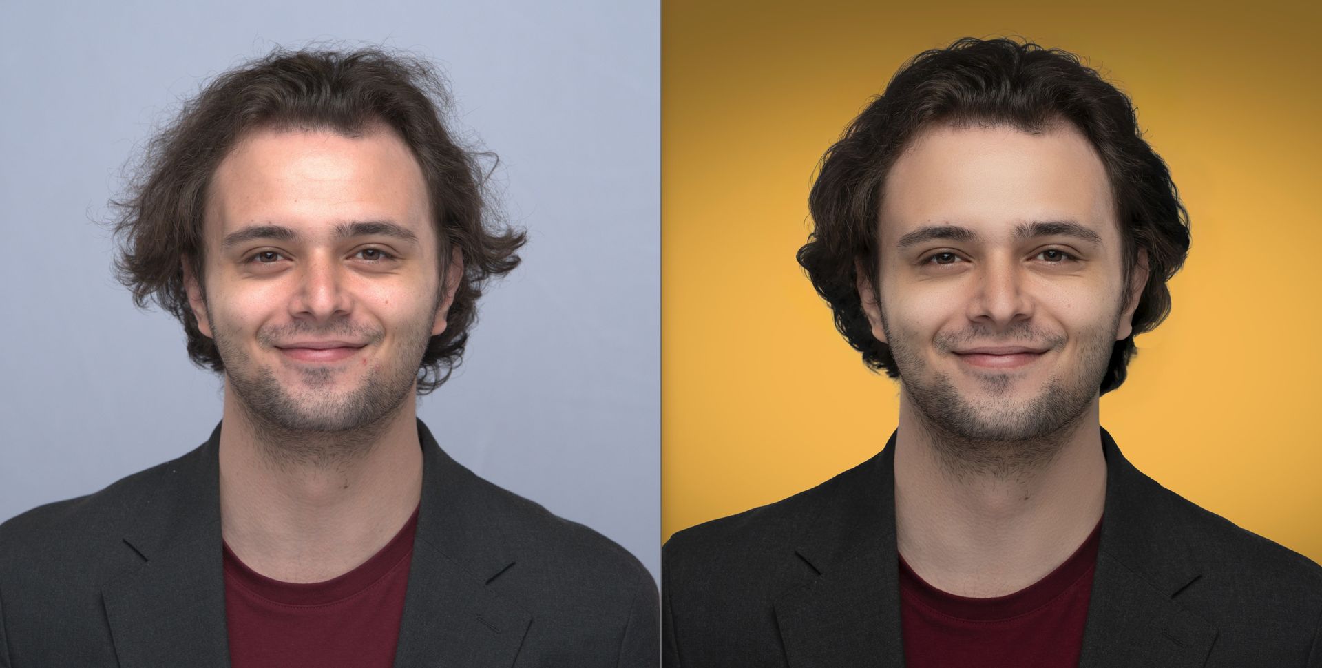 A professional headshot before and after retouching.