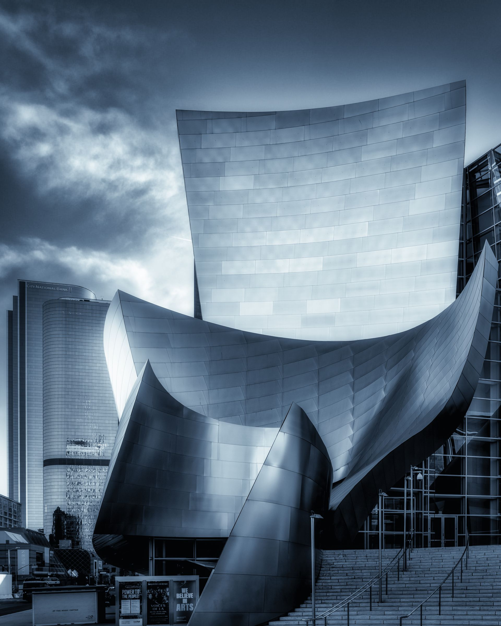 Modern architectural building exterior with dramatic sky and contemporary design