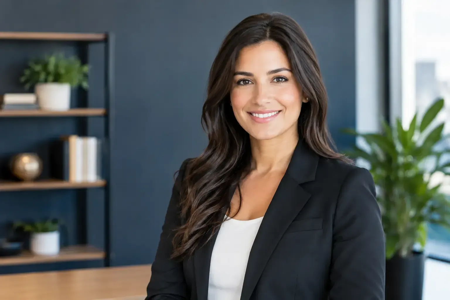 Professional personal branding portrait in a modern office.