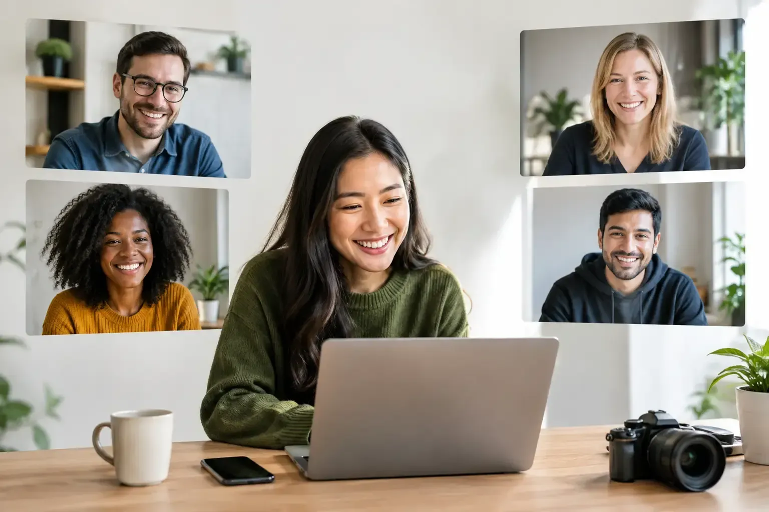 Virtual corporate headshot session with remote photographer and video conference participants using