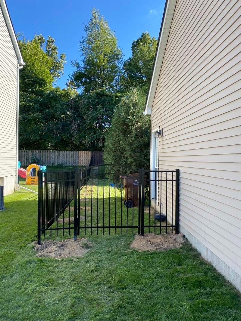Black metal fence between two houses, trash cans inside. Green grass, sunny day.