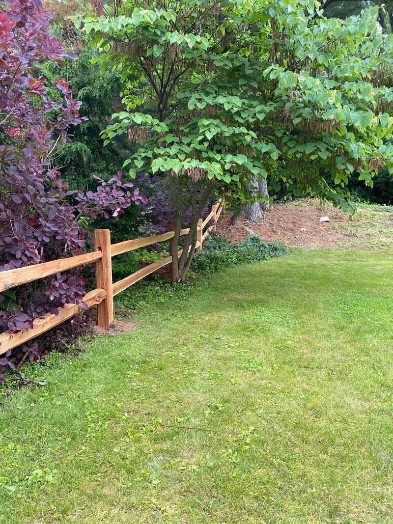 Wooden split-rail fence bordering green lawn and purple foliage.