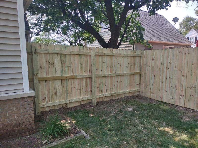 Wooden fence in a backyard, next to a house and under a tree, on a sunny day.