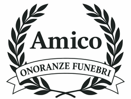 Logo dell'agenzia funebre Amico con corona d'alloro nera e nastro su sfondo bianco.