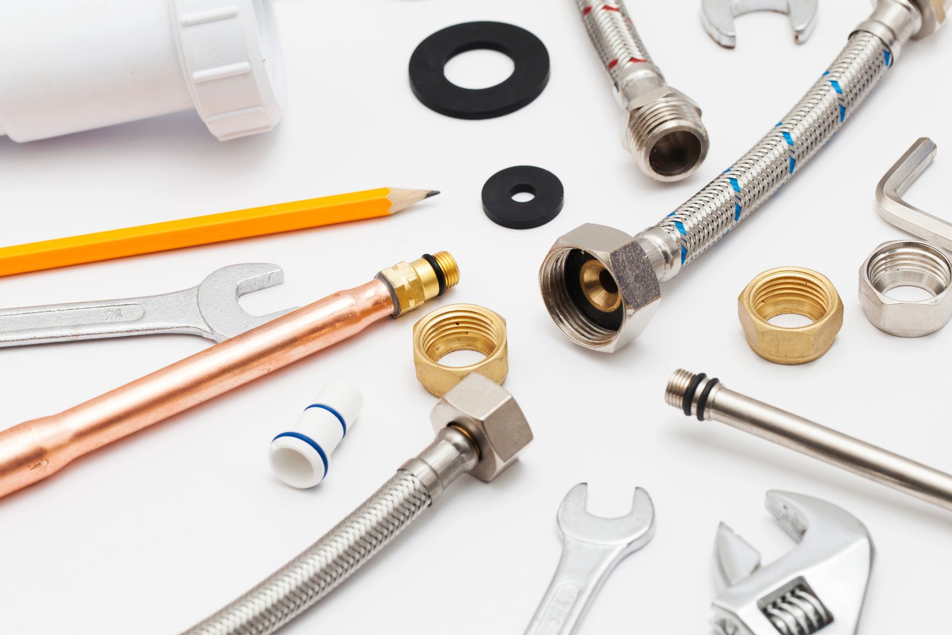 Plumbing tools and equipment overhead view. Plumbing tools and equipment overhead view.