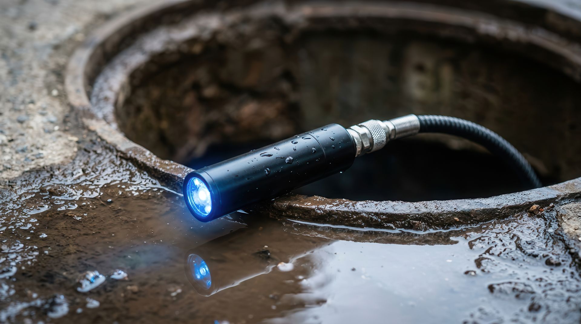 Blue LED inspection camera probe on the edge of a wet drain opening