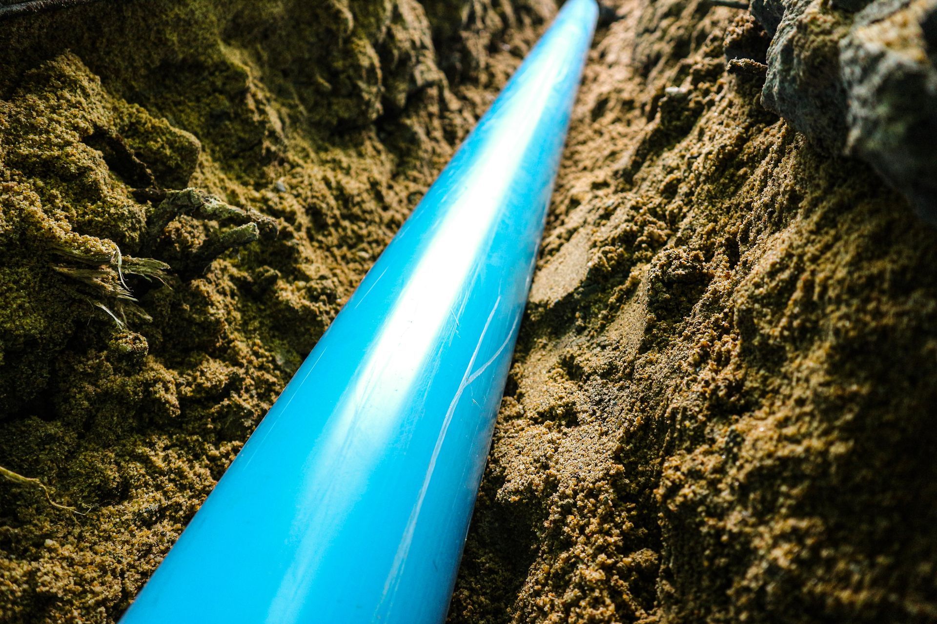Blue water pipe installed as part of a residential utility system.