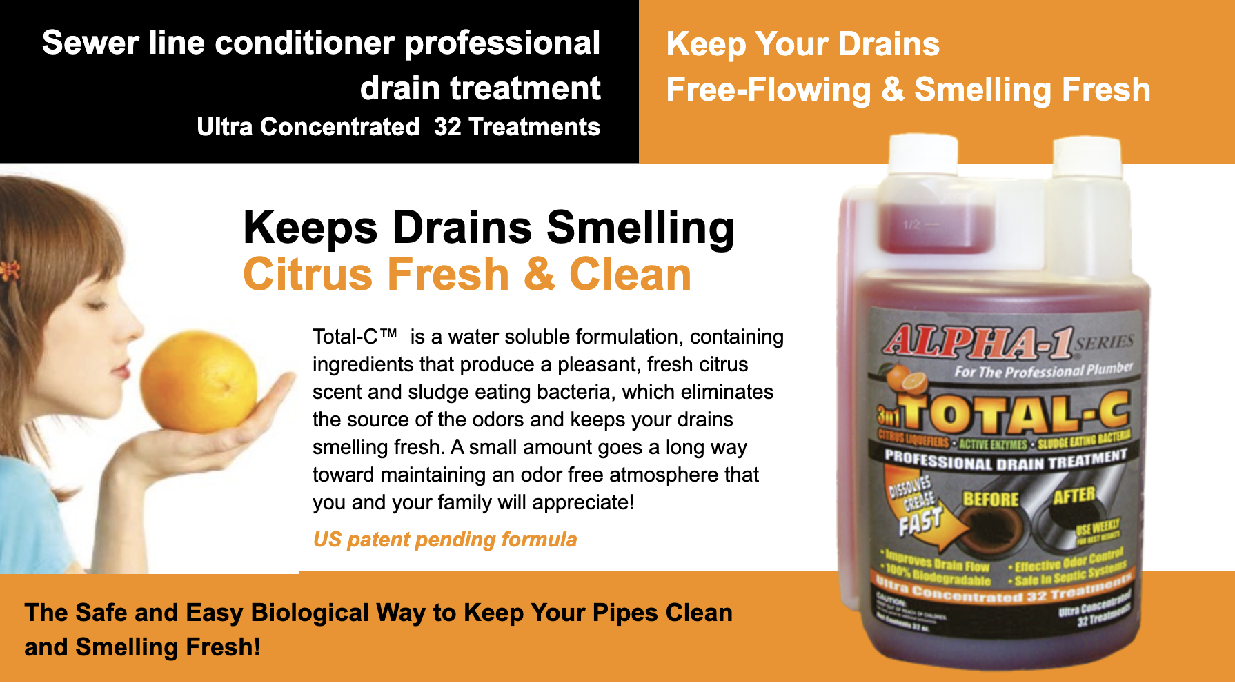 An advertisement for a drain treatment that keeps drains smelling citrus fresh and clean