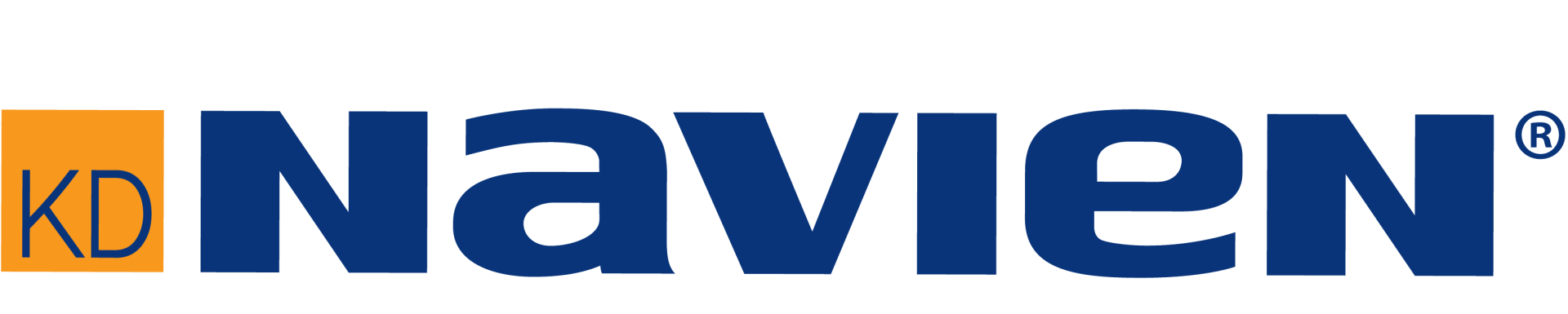 A blue and yellow logo for kd navien on a white background