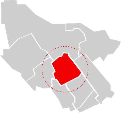 A map of a city with a red square in the middle.