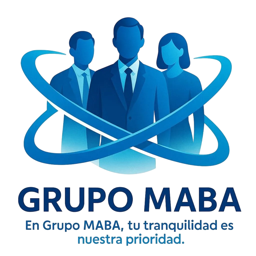Logo azul de GRUPO MABA con tres siluetas y el texto “En Grupo MABA, tu tranquilidad es nuestra prioridad.”