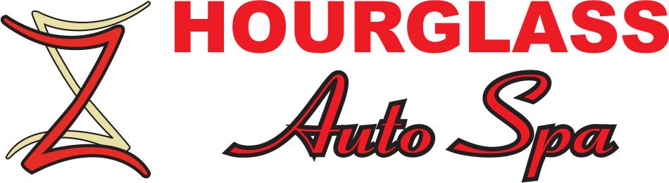 A red and white logo for hourglass auto spa