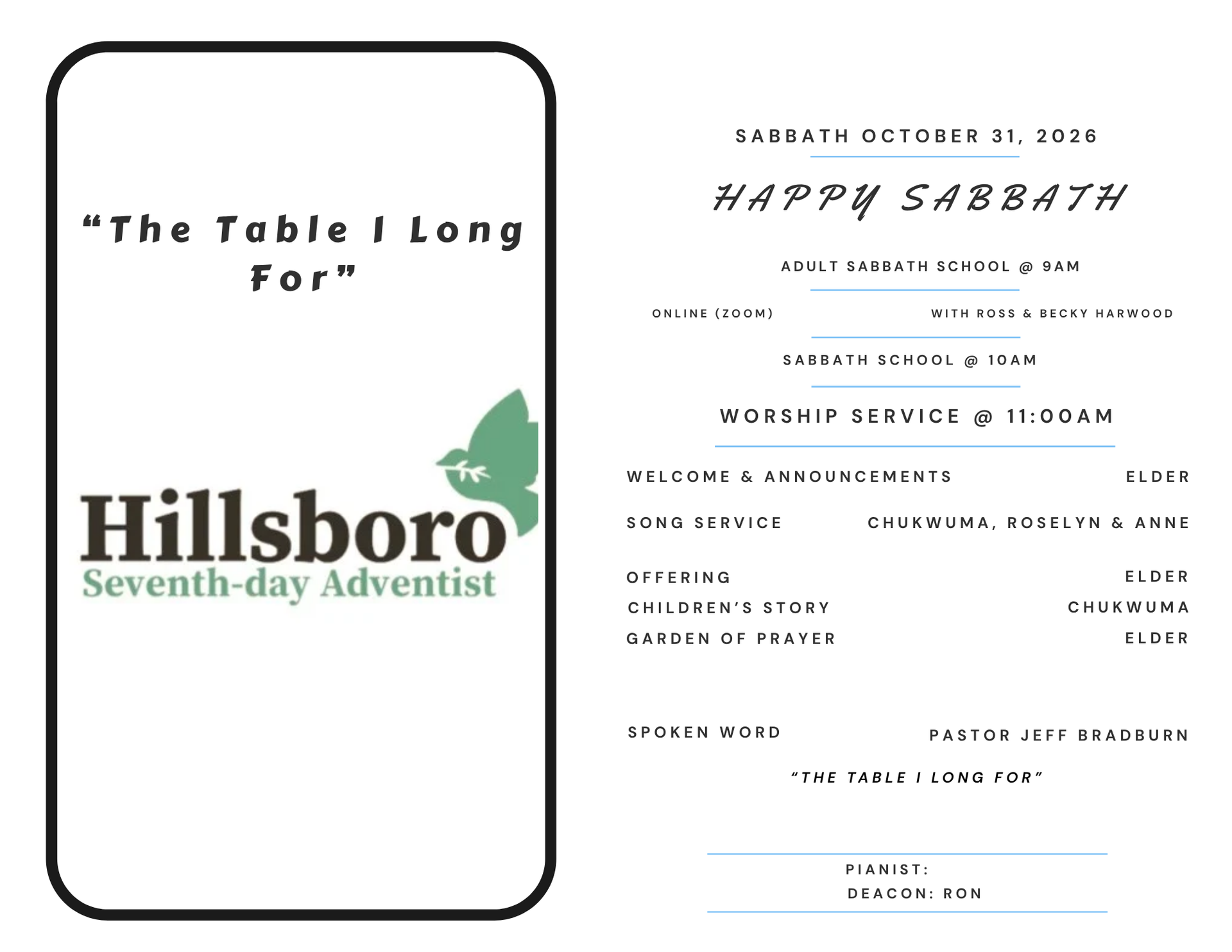 A church bulletin. Silhouette of people with arms raised toward crosses against a sunset. Happy Sabbath header.