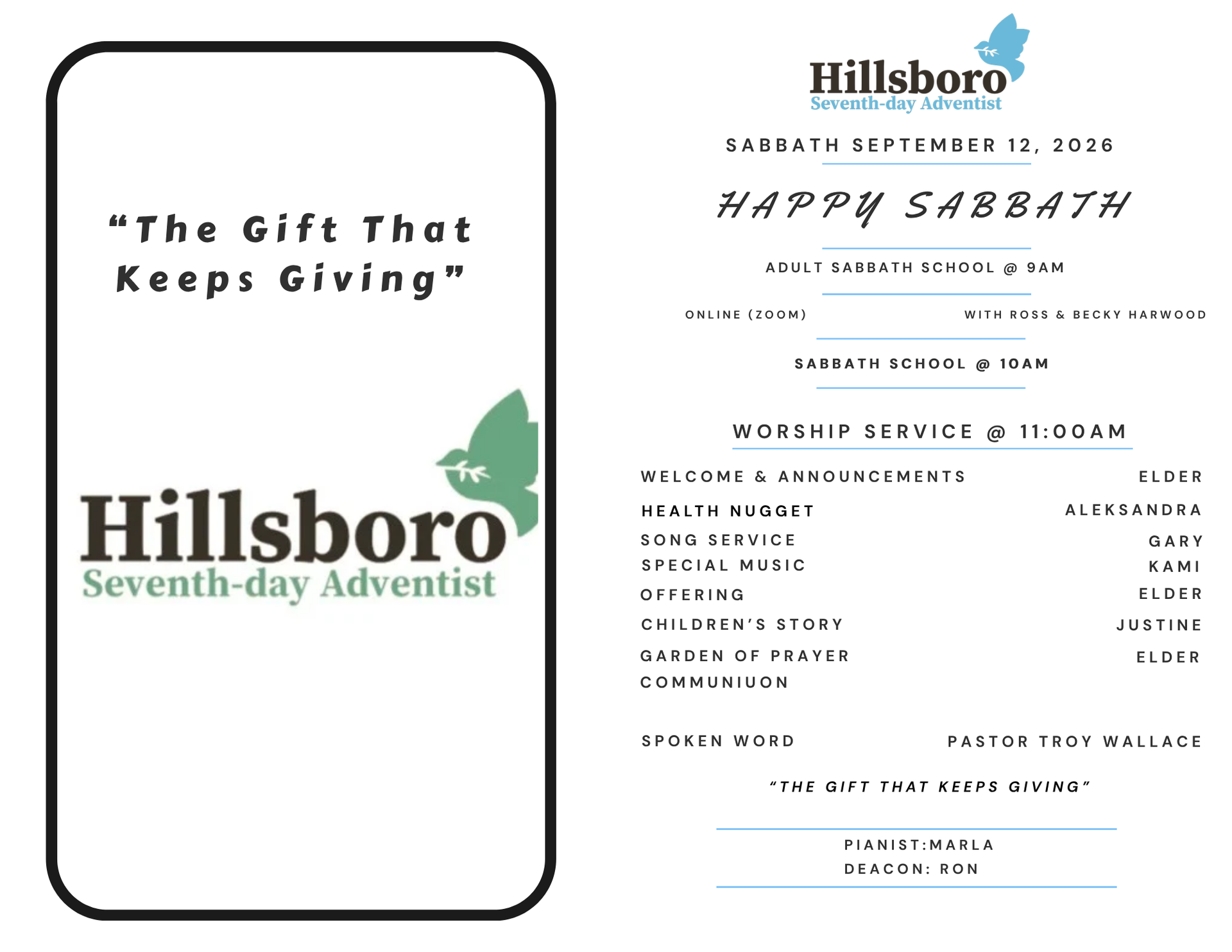 A church bulletin. Silhouette of people with arms raised toward crosses against a sunset. Happy Sabbath header.