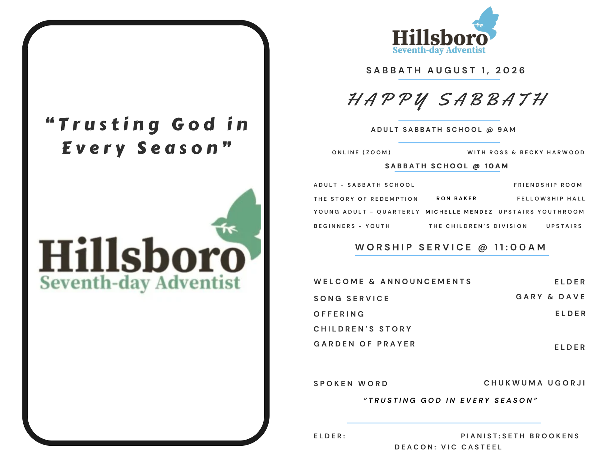 A church bulletin. Silhouette of people with arms raised toward crosses against a sunset. Happy Sabbath header.
