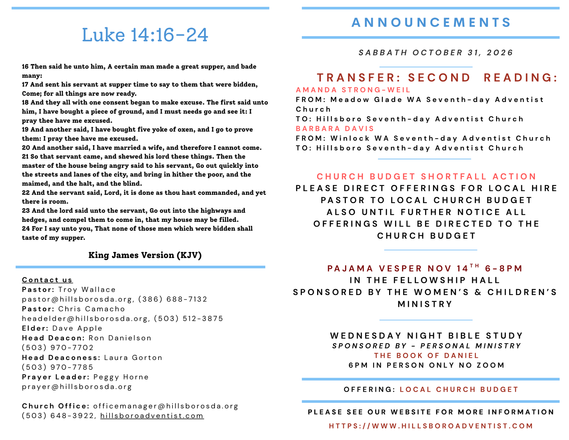 Church bulletin with text on a white background, green accents, and announcements.