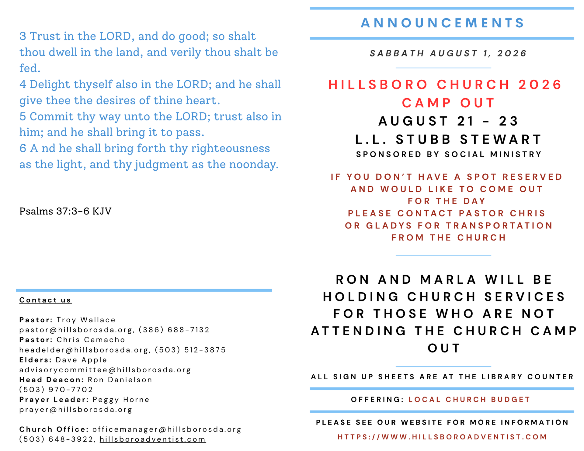Church bulletin with text on a white background, green accents, and announcements.