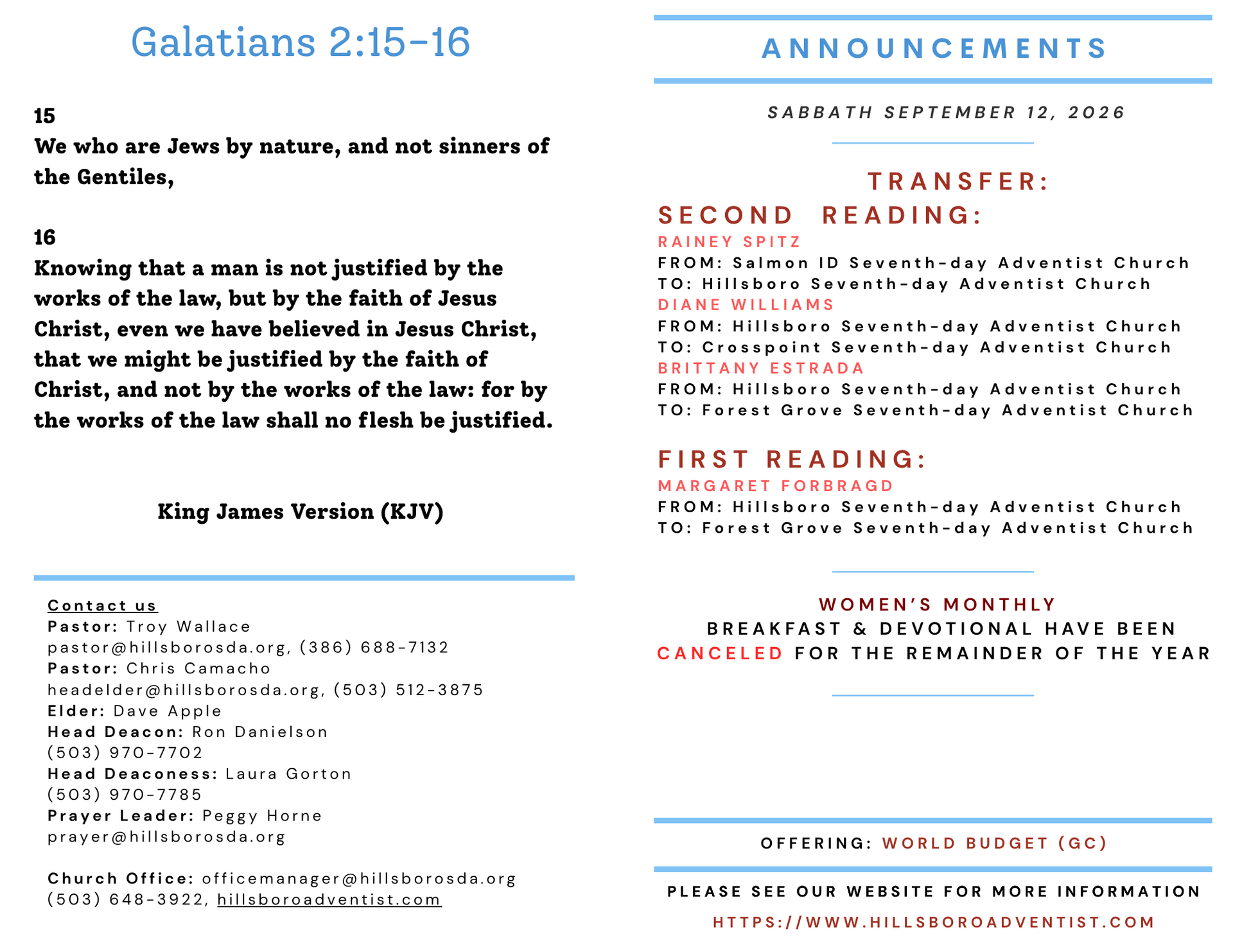 Church bulletin with text on a white background, green accents, and announcements.