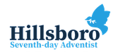 Logo for Hillsboro Seventh-day Adventist church, featuring a dove carrying a sprig, in blue and navy.