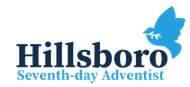 Logo for Hillsboro Seventh-day Adventist church, featuring a dove carrying a sprig, in blue and navy.