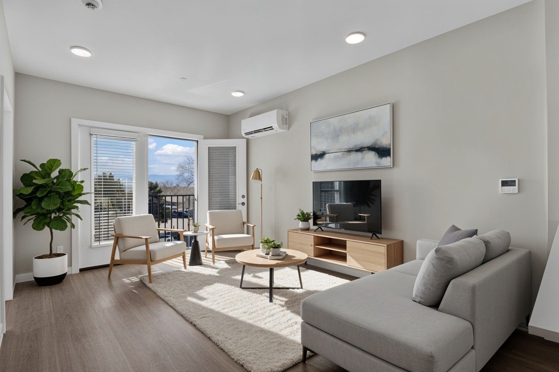 Living room with neutral tones, sofa, chairs, TV, and balcony access.