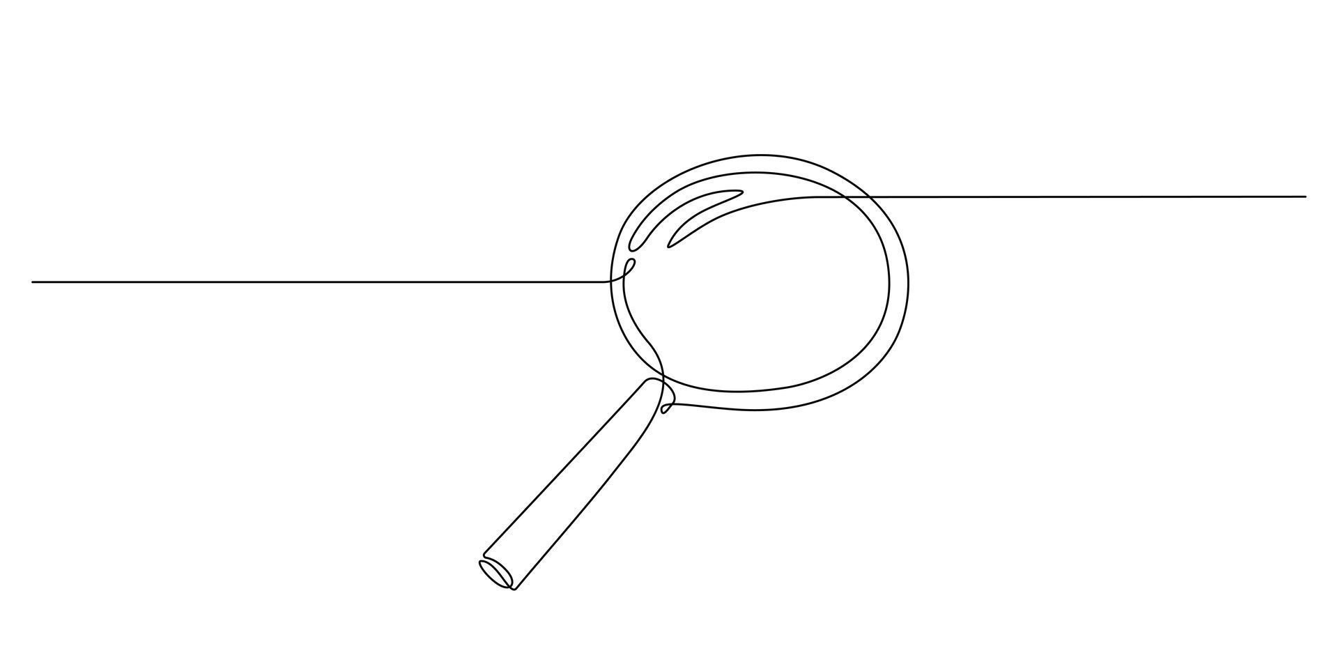 A black and white drawing of a magnifying glass on a white background.