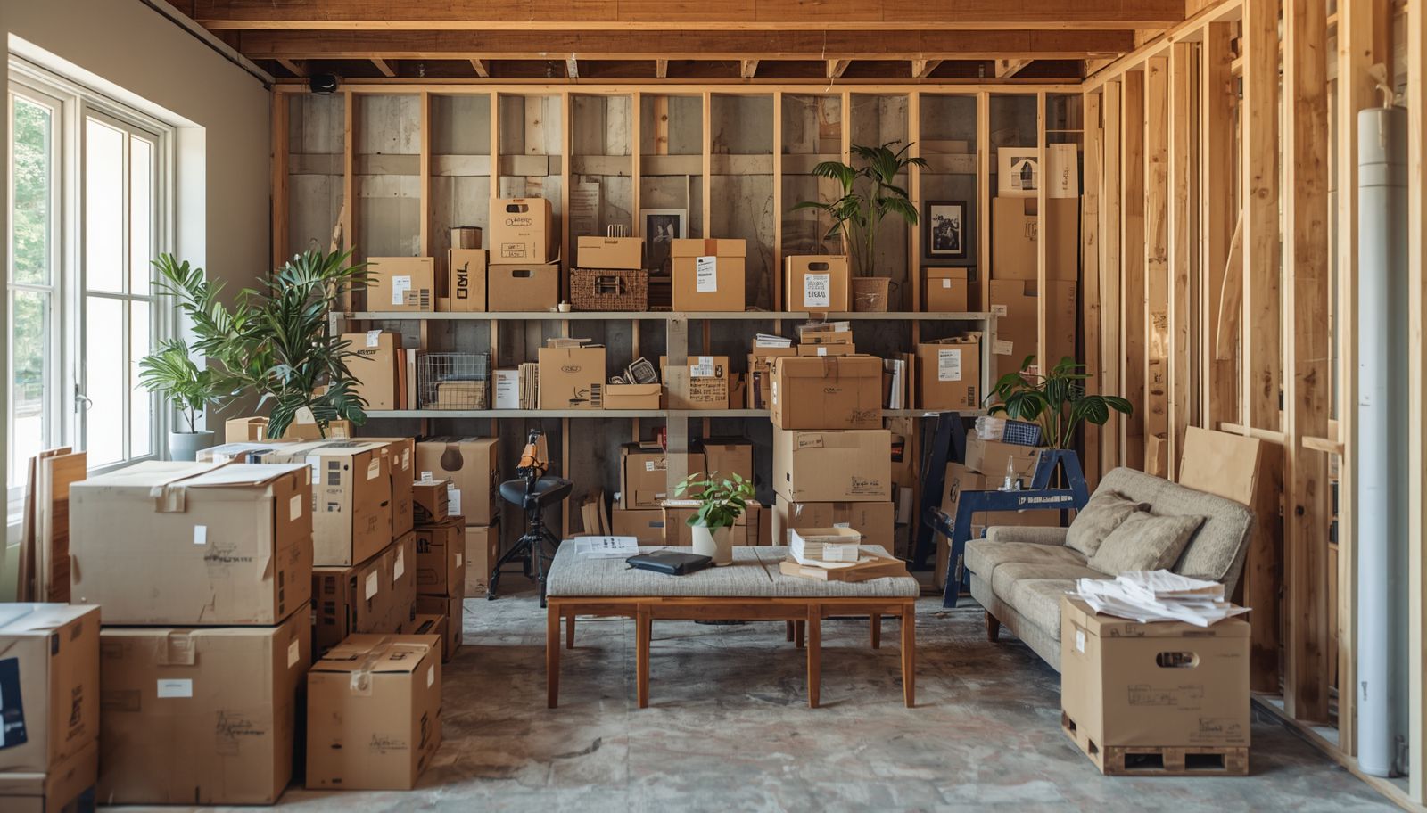 Boxes and household items stored during a home renovation project.
