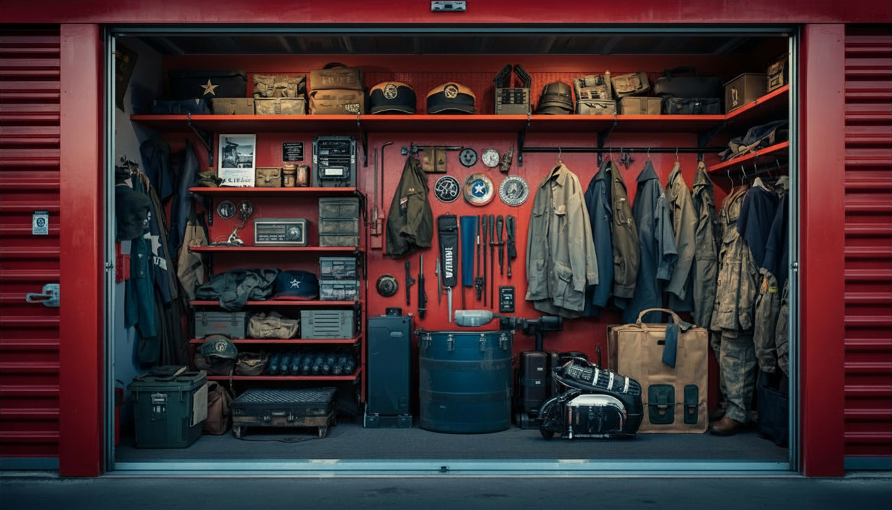 Military uniforms and gear organized inside a self-storage unit near Maxwell-Gunter Air Force Base.