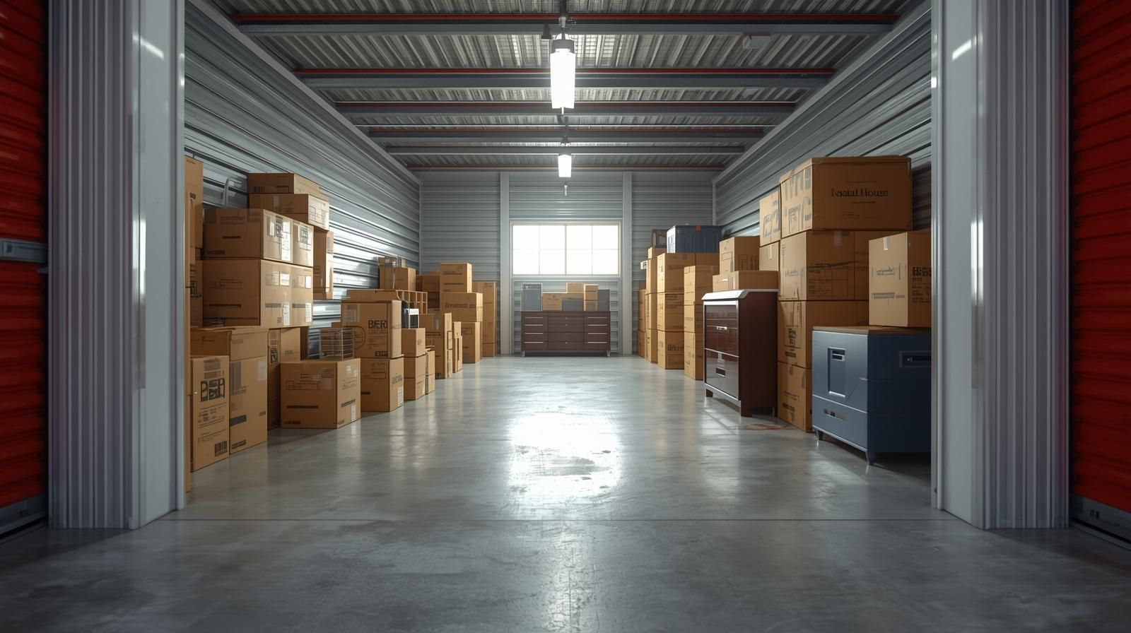 Large self-storage unit with moving boxes and furniture in Montgomery, AL.