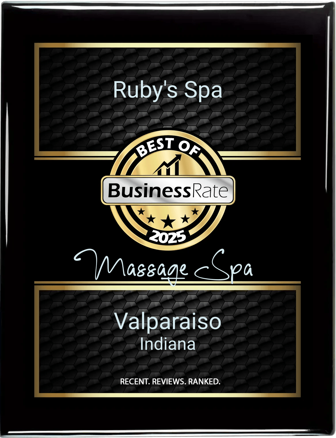 Ruby's Spa award plaque: Best of Business Rate 2025