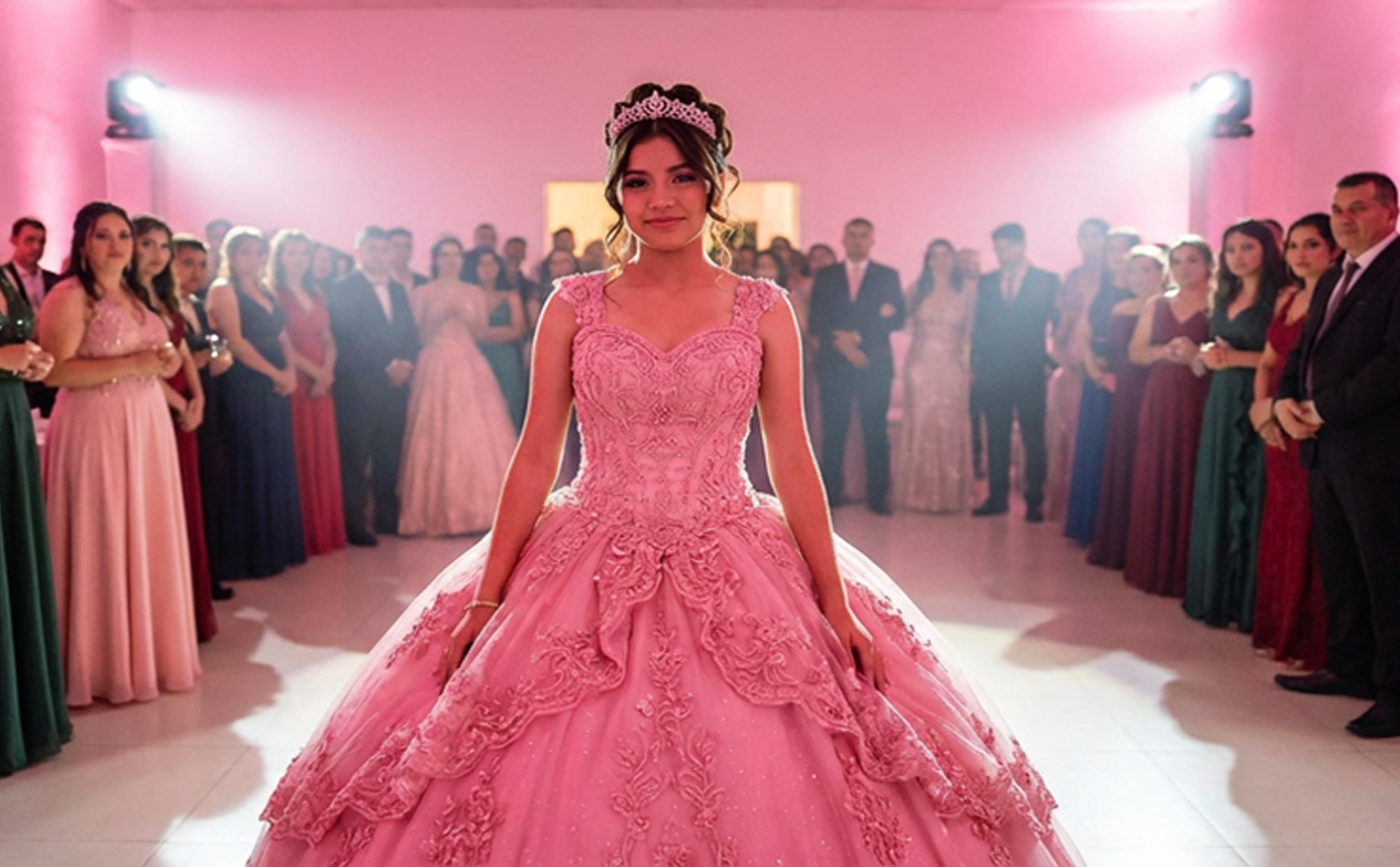 Woman in a pink gown stands in a pink-lit ballroom, with guests lining the aisle behind her.